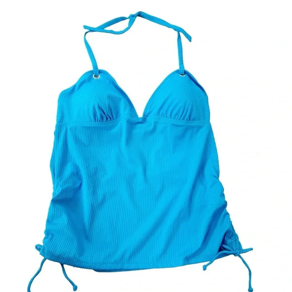 NWT Salt + Cove Ribbed Shirred Halter Tankini Swimsuit Top Cerulean Blue Size XL - Picture 3 of 9